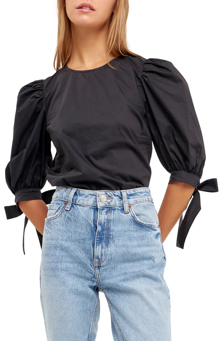 English Factory Bow Banded Puff Sleeve Blouse, Main, color, Black