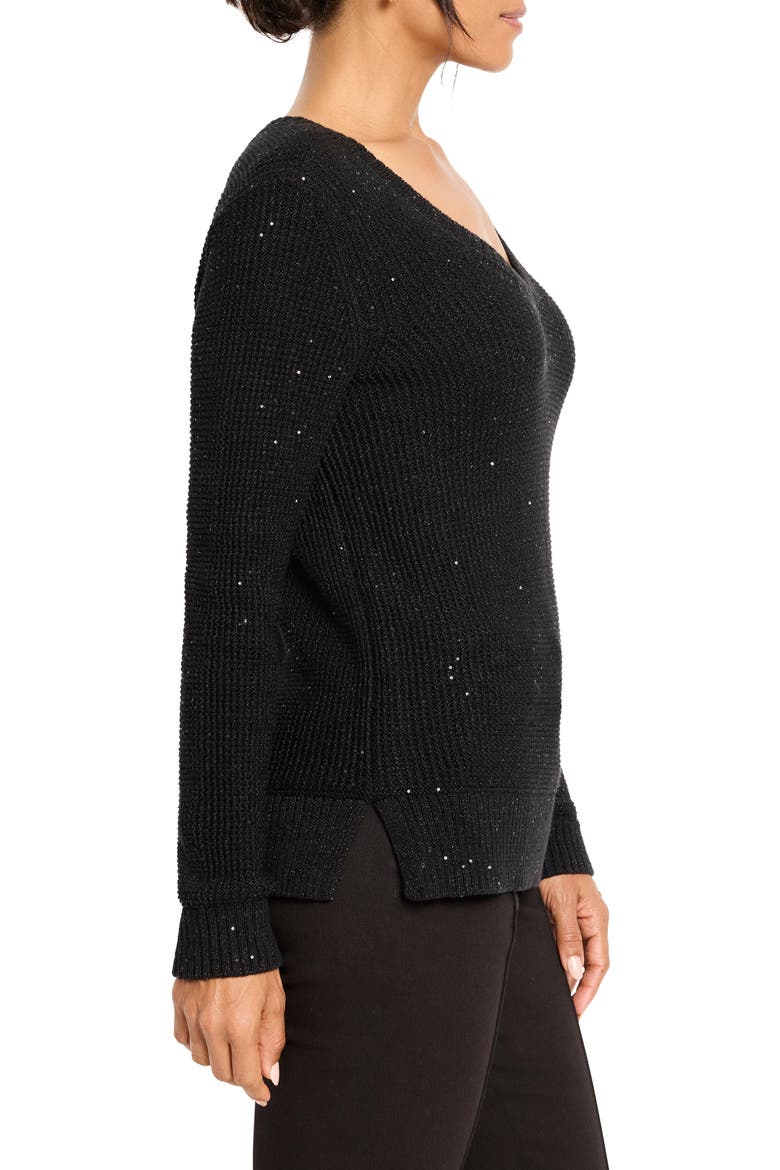 Shimmer V-Neck Waffle Stitch Sweater, Alternate, color, BLACK ONYX