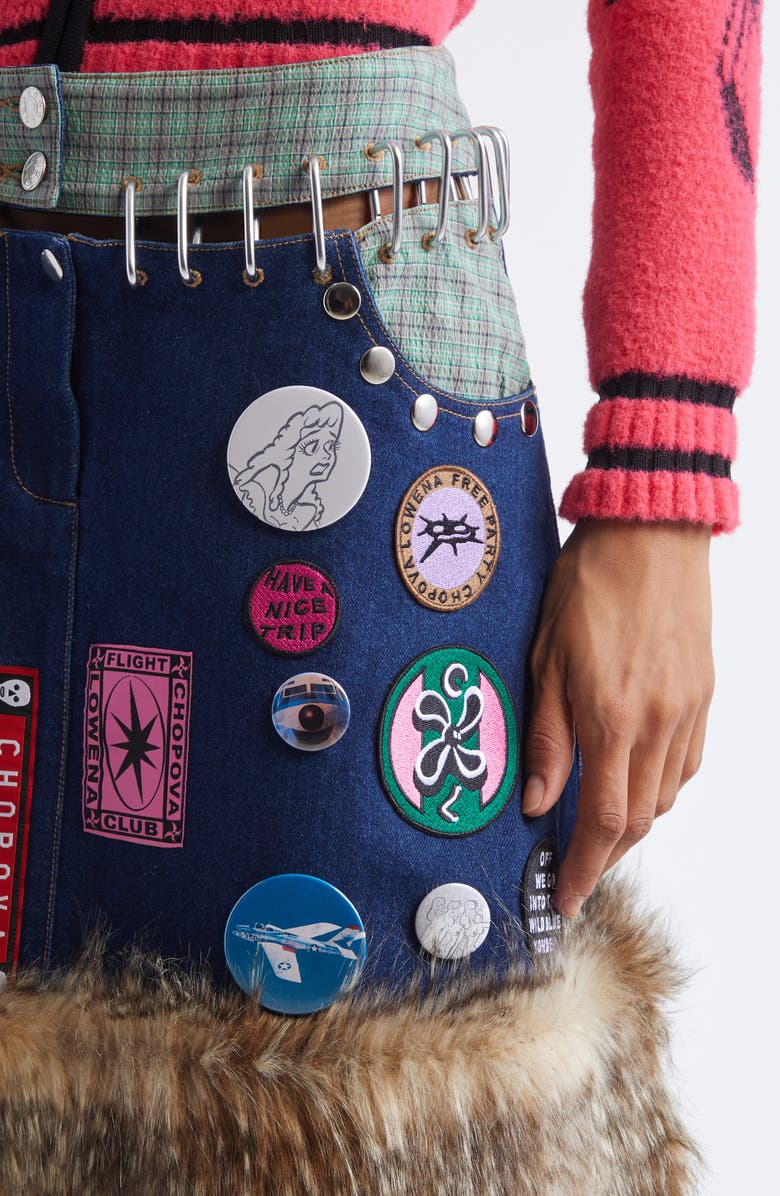 Chopova Lowena Kram Button & Patch Embellished Carabiner Skirt with Faux Fur Trim, Alternate, color, Blue Multi