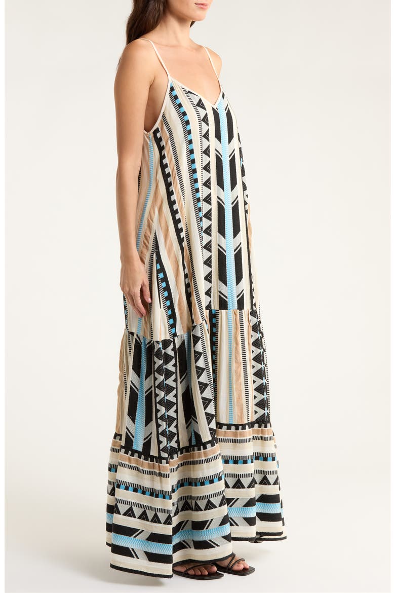 Embroidered Tiered Cotton Blend Cover-Up Maxi Dress, Alternate, color, NEUTRAL AZTEC