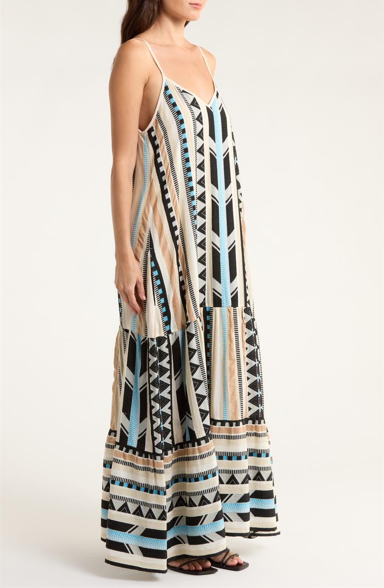Elan Embroidered Tiered Cotton Blend Cover-Up Maxi Dress, Alternate, color, Neutral Aztec