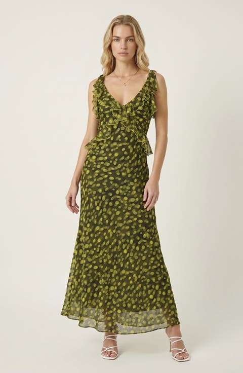 Polka Dot Ruffle Midi Dress with Tie Shoulder Straps