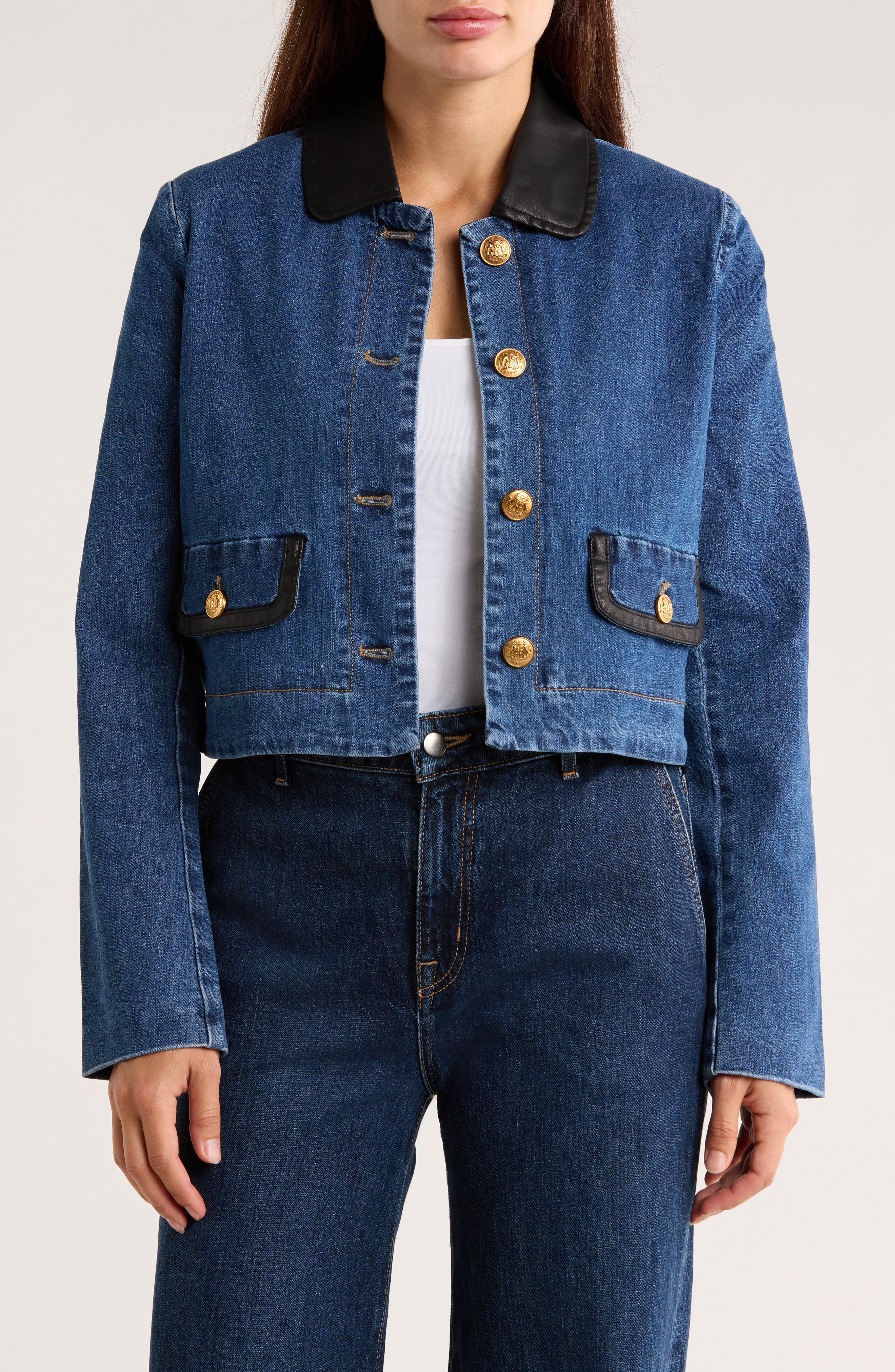 Ellen Tracy Faux Leather Trim Denim Jacket