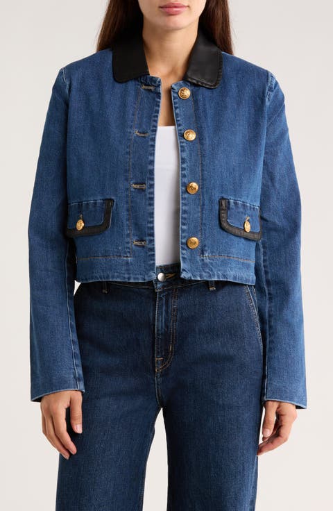 Faux Leather Trim Denim Jacket