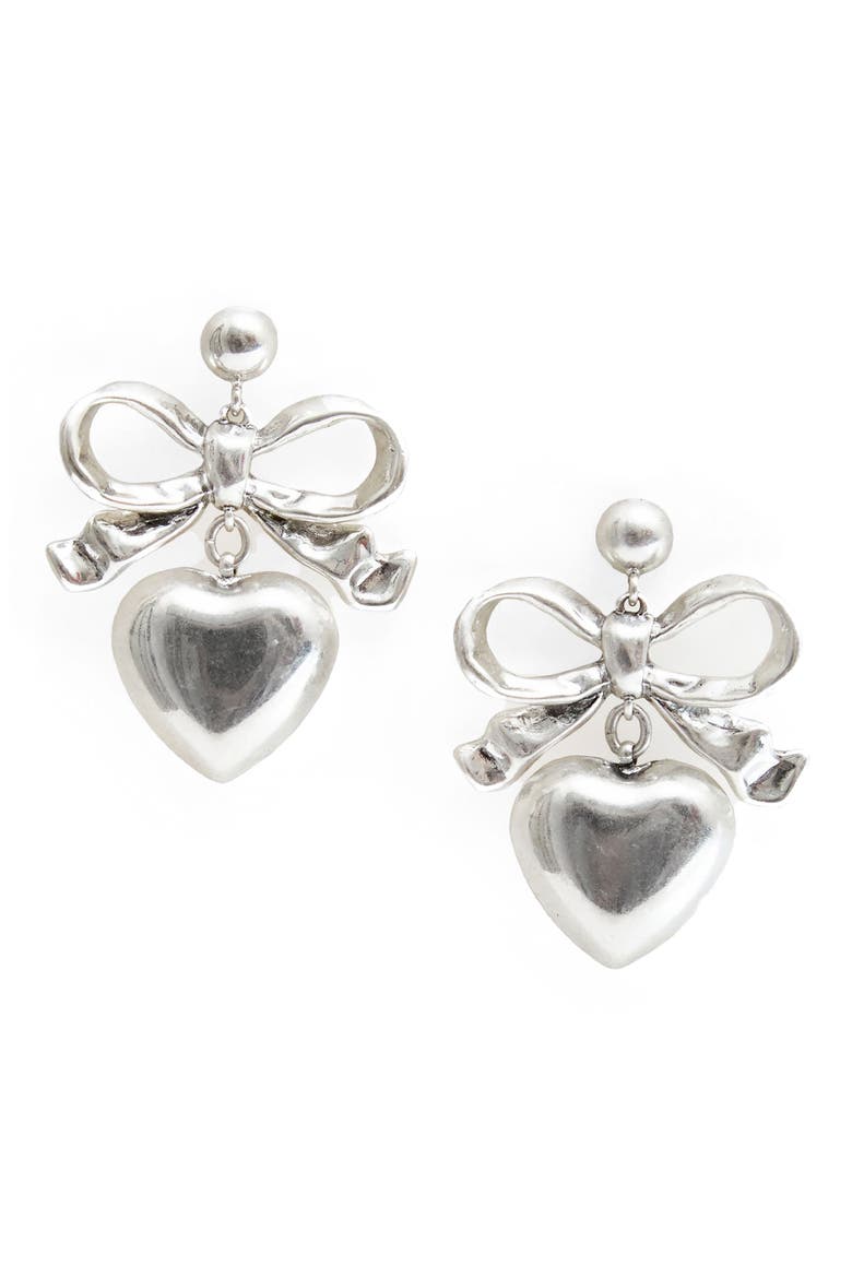 Bow & Heart Drop Earrings, Main, color, SILVER