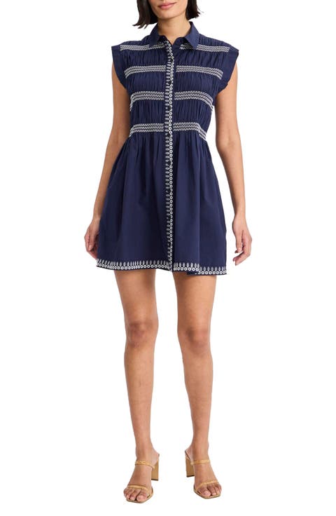 Embroidered Cap Sleeve Cotton Shirtdress