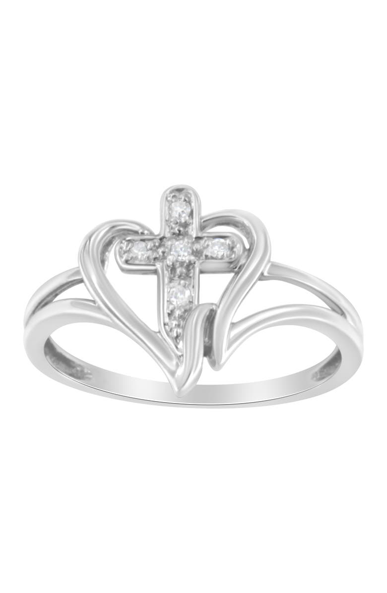 Haus of Brilliance 10K White Gold Diamond-Accented Cross & Open Heart Promise Fashion Ring, Alternate, color, White Gold