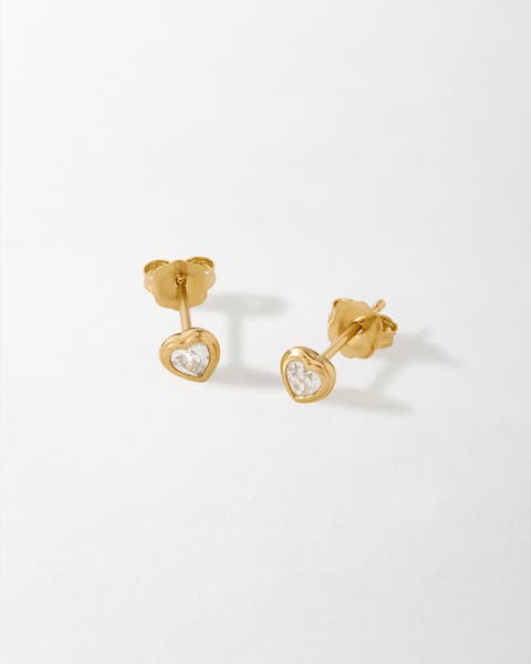 Solid Gold Heart White Sapphire Stud Earrings