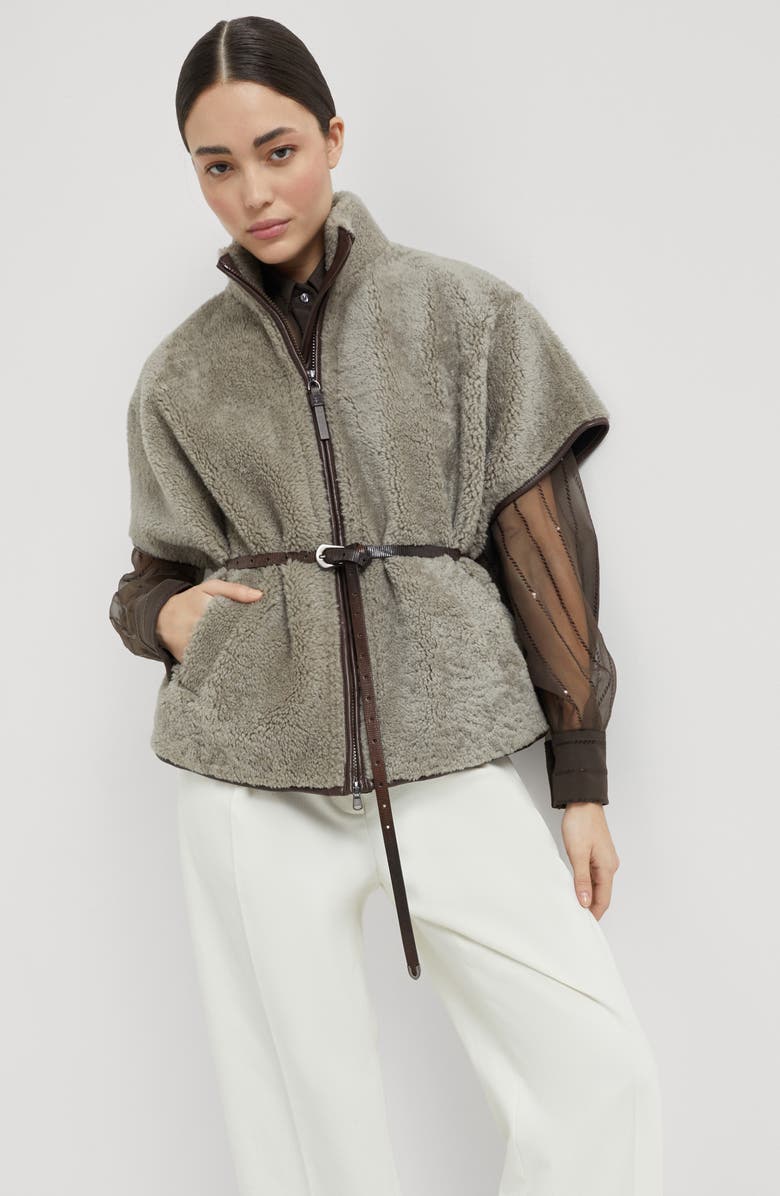 Brunello Cucinelli Curly shearling outerwear jacket, Alternate, color, Grey