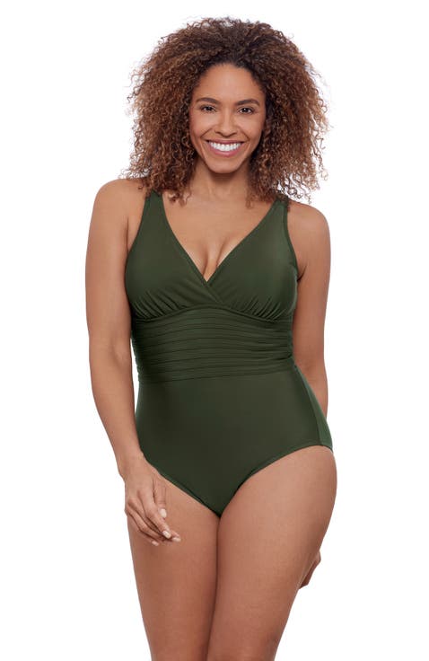 Full Coverage Surplice Trim Overlay V-Neck One-Piece Swimsuit