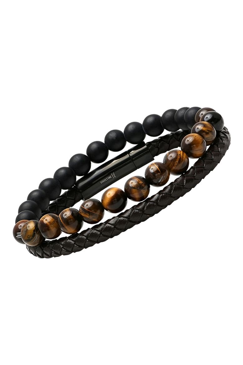 Men's Set of 2 Leather & Beaded Bracelets, Alternate, color, MULTI