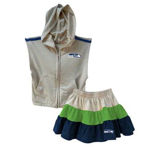 Girls Toddler Wes & Willy Neon Green/College Navy Seattle Seahawks Sleeveless Full-Zip Hoodie & Three Tier Skirt Set