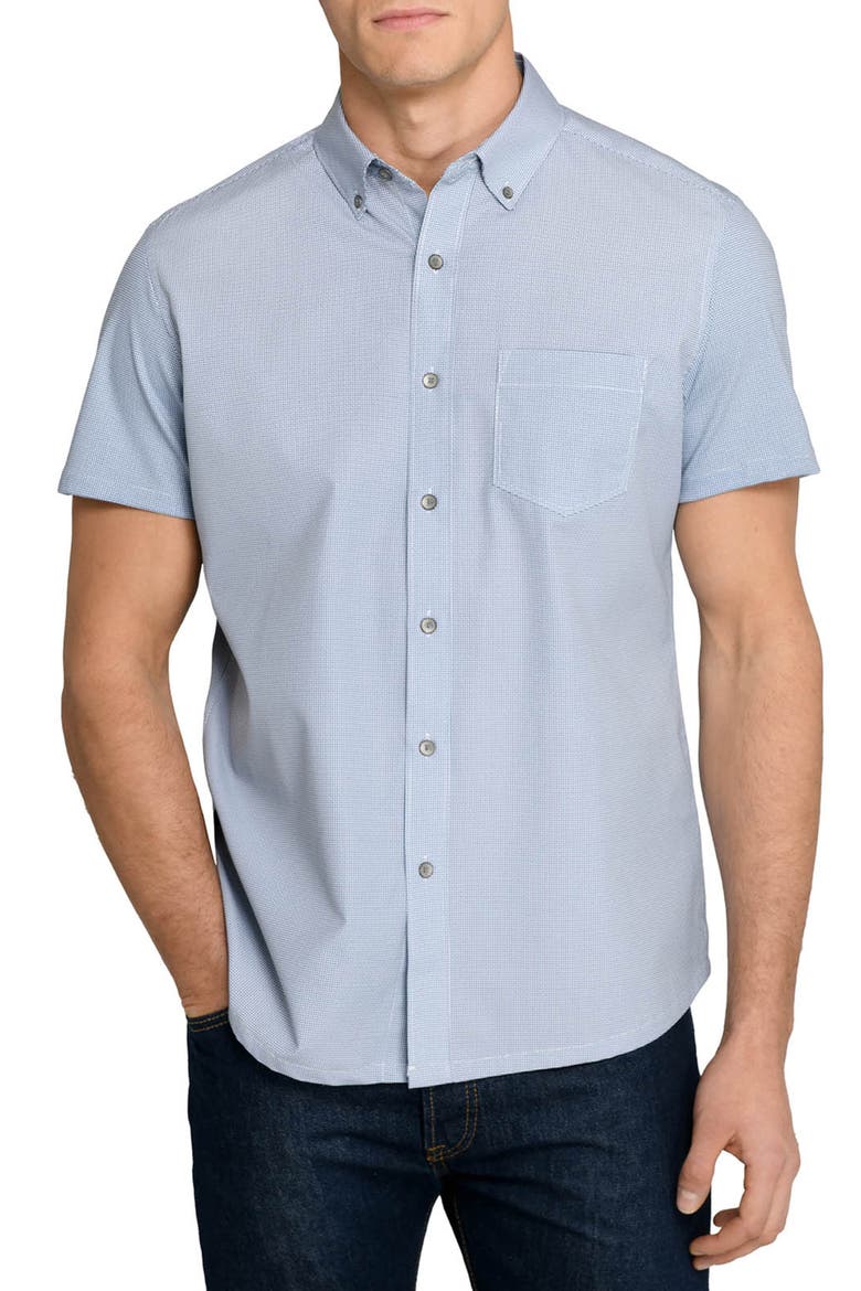 Slim Fit Micro Circle Reworked Short Sleeve Button-Down Shirt, Main, color, NAVY