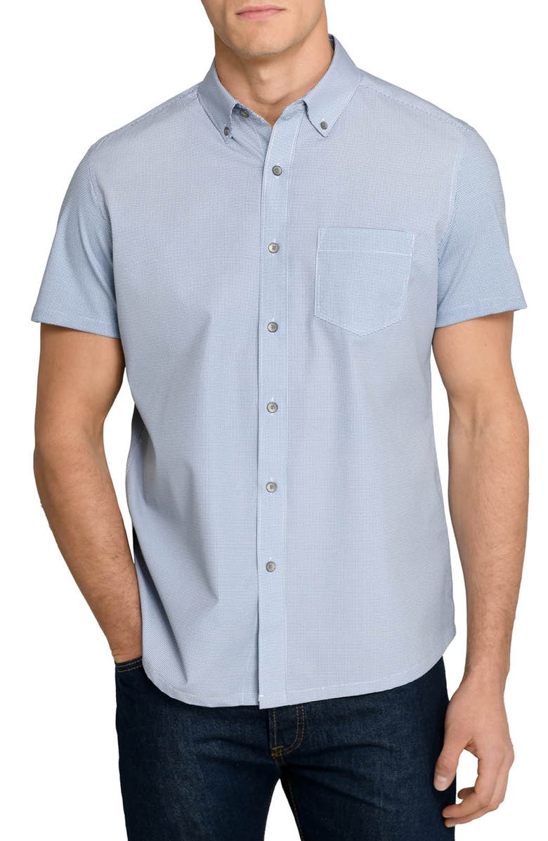 W.R.K Slim Fit Micro Circle Reworked Short Sleeve Button-Down Shirt, Main, color, Navy