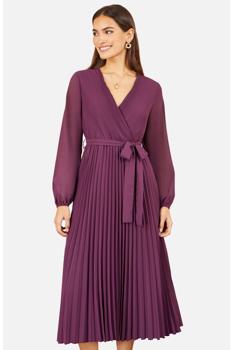 Pleated Wrap Midi Dress, Alternate, color, Purple