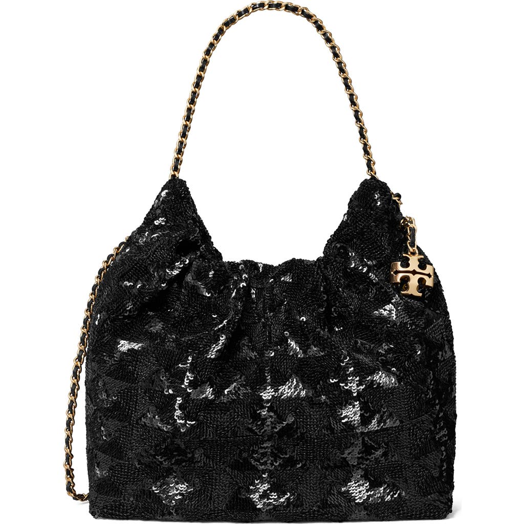 Tory Burch Mini Fleming Sequin Hobo Bag In Black