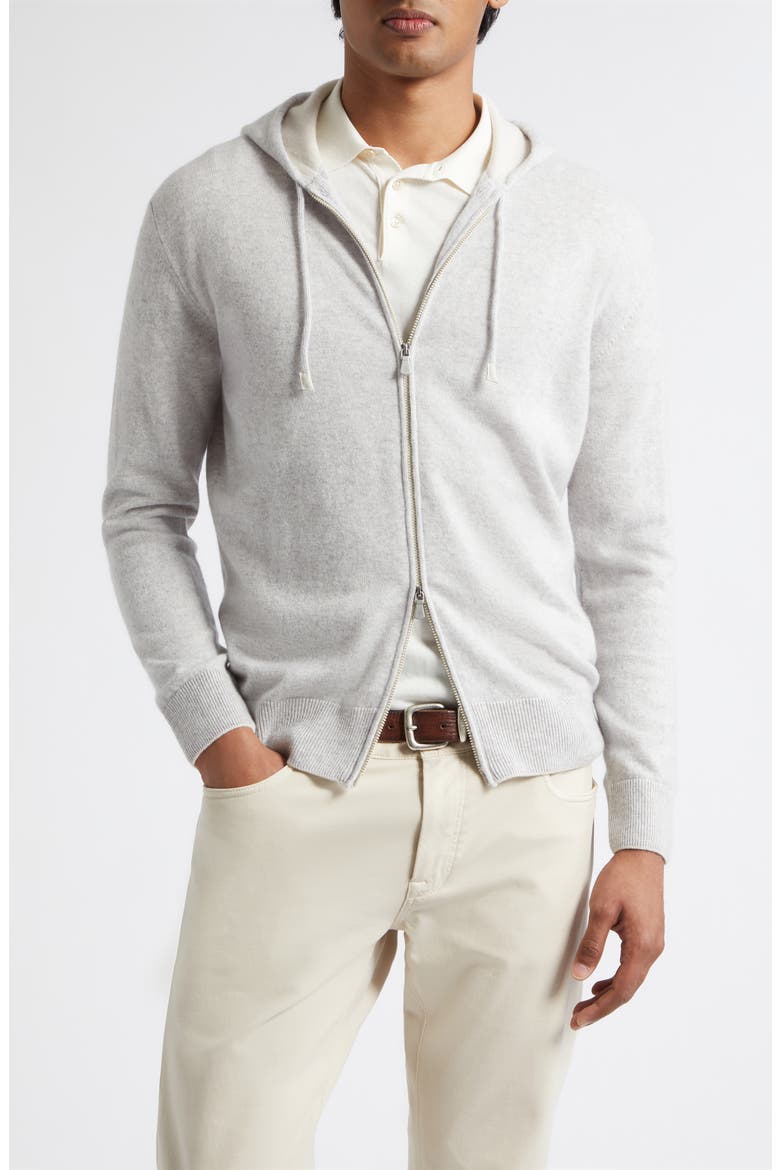 Full Zip Cashmere Hoodie Sweater, Main, color, LIGHT GREY MELANGE AND SAND