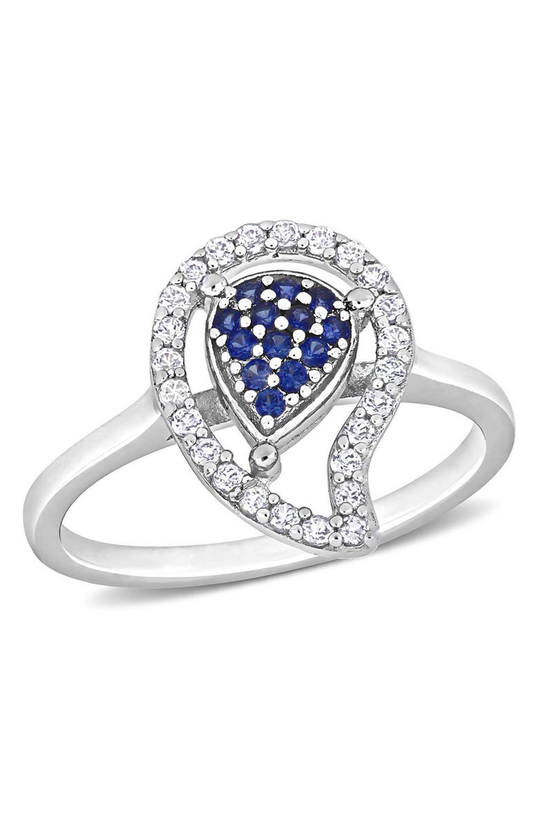 DELMAR Sterling Silver White Topaz Halo Pavé Created Blue Sapphire Ring, Main, color, Blue