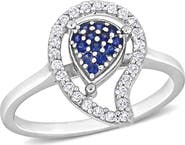 DELMAR Sterling Silver White Topaz Halo Pavé Created Blue Sapphire Ring
