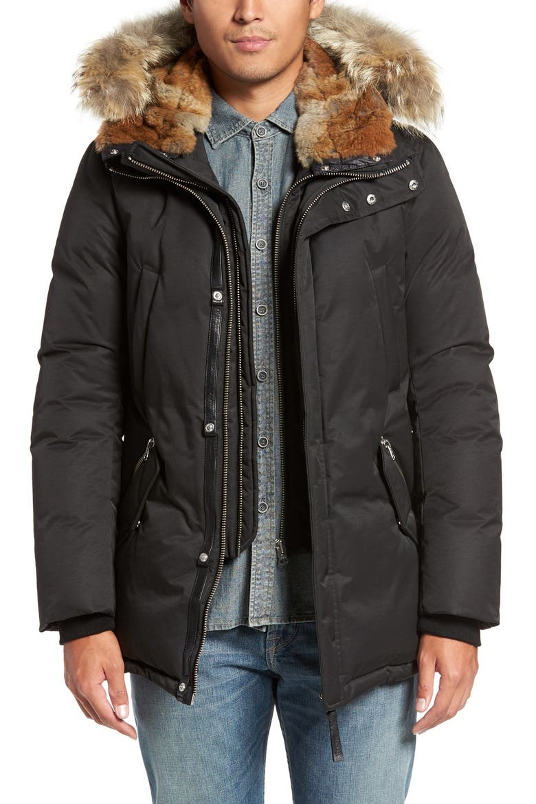 'Edward' Down Parka with Genuine Coyote and Rabbit Fur Trim, Main, color, BLACK