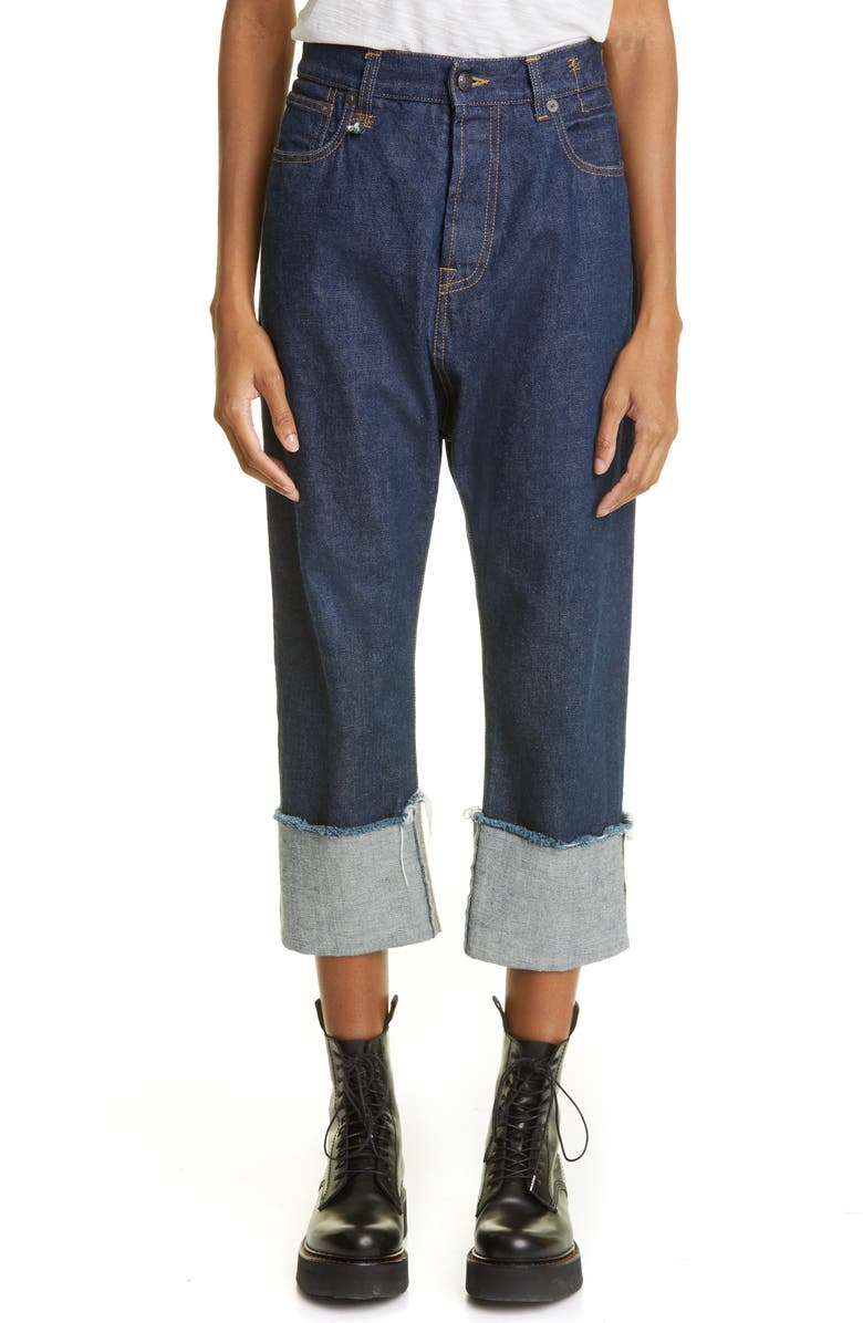 R13 Tailored Drop Crotch Cuffed Straight Leg Jeans, Main, color,