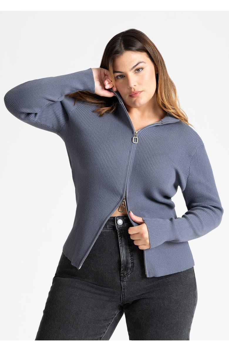 ELOQUII Two Way Zipper Sweater, Main, color, Charcoal Smudge