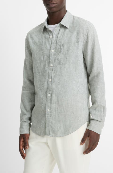 Houndstooth Classic Fit Linen Button-Up Shirt