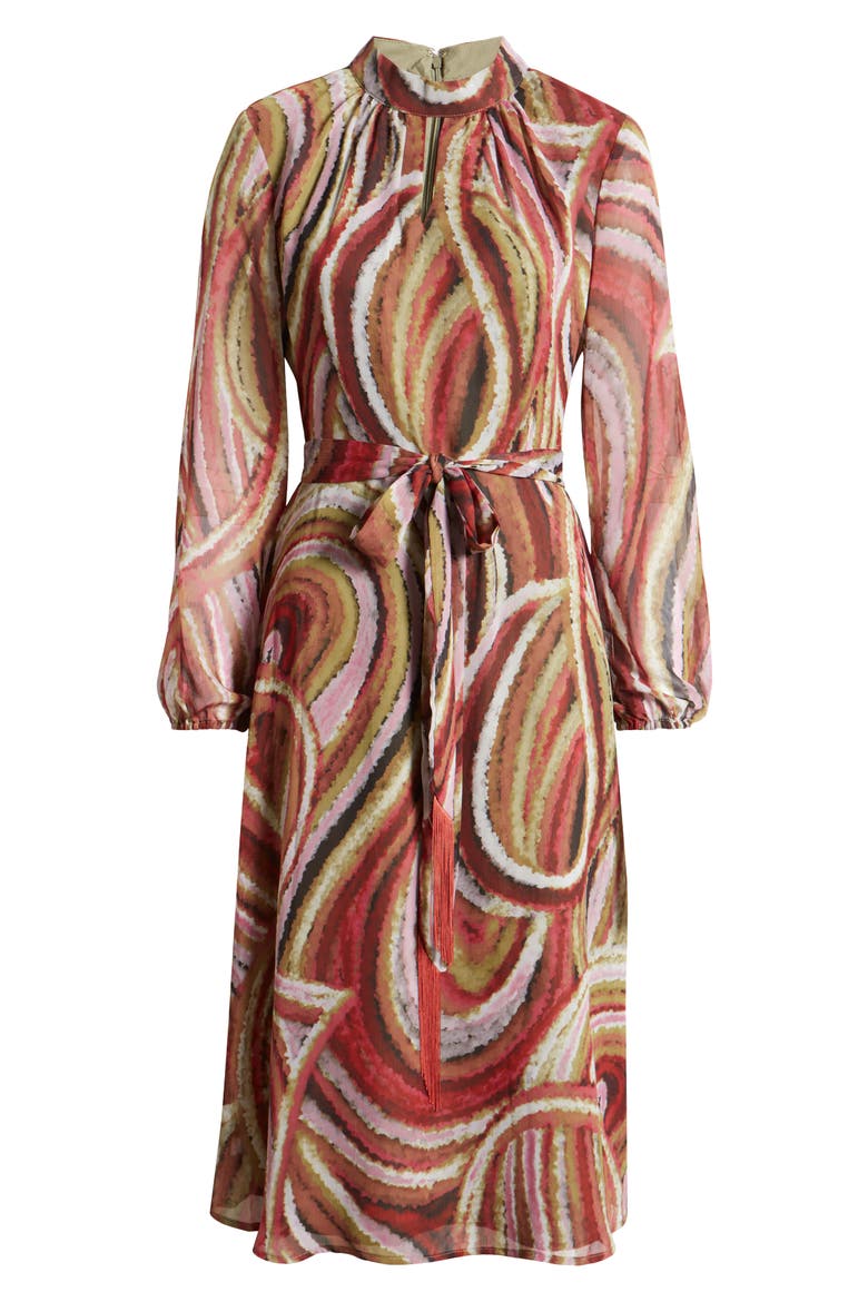 Print Tie Belt Chiffon Midi Dress, Alternate, color, OLIVE MULTI