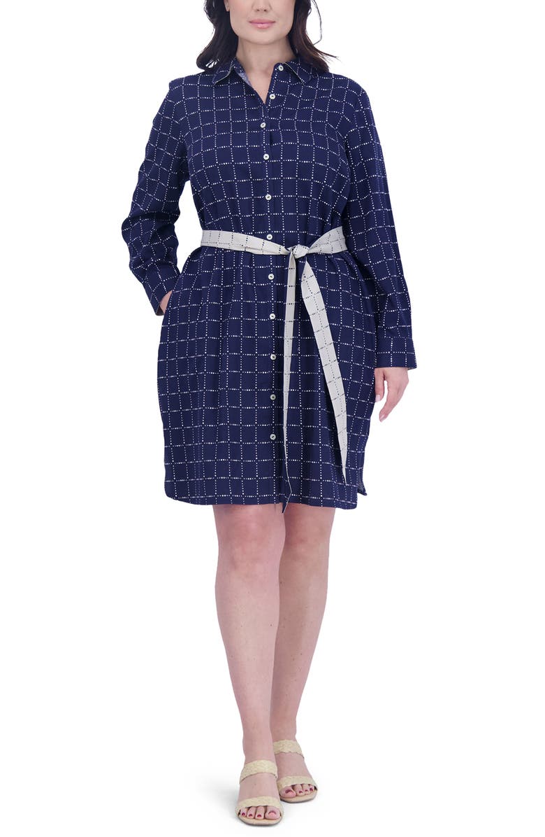 Foxcroft Rocca Dot Print Long Sleeve Cotton Shirtdress, Main, color, Navy