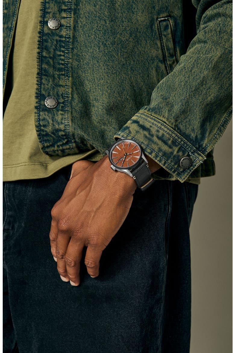 The Sentry Leather Strap Watch, 42mm, Alternate, color, SILVER / ROSEWOOD / BLACK