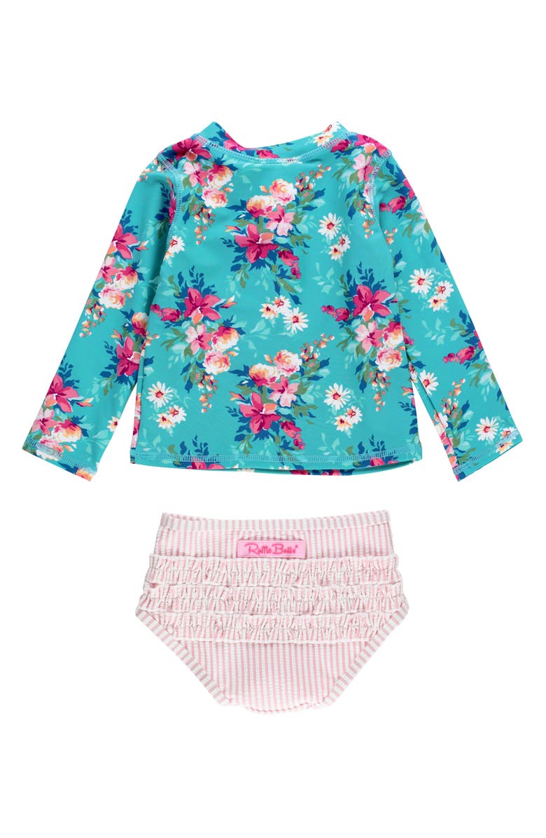 RuffleButts Kids' Fancy Me Floral Long Sleeve Two-Piece Rashguard Swimsuit, Alternate, color, Blue