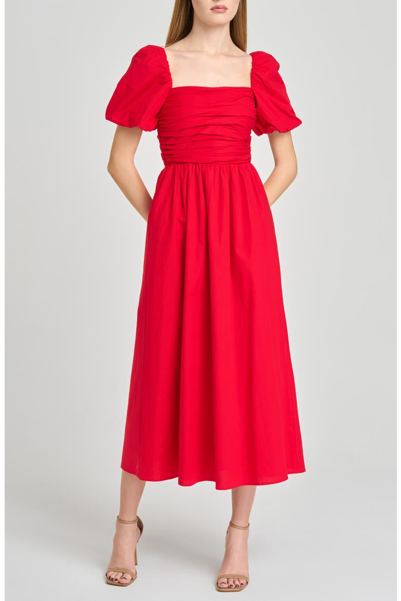 Lucy Ruched Puff Sleeve Midi Dress, Main, color, RED