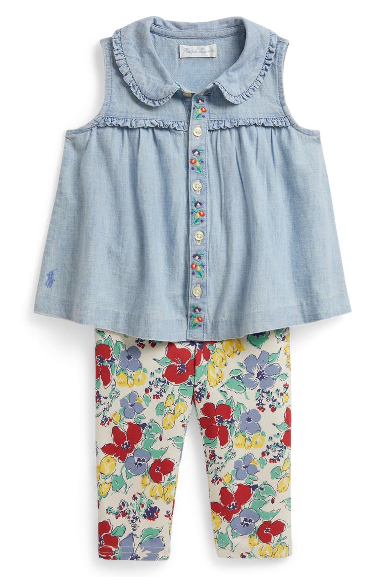 Embroidered Ruffle Chambray Top & Floral Jersey Leggings Set, Main, color, BLUE