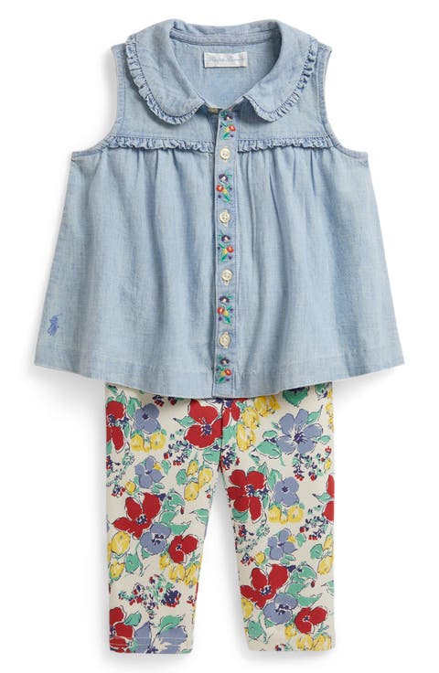 Embroidered Ruffle Chambray Top & Floral Jersey Leggings Set (Baby)