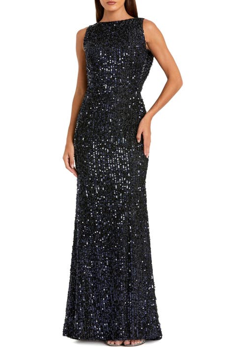 Petite Sequin Sleeveless Draped Back Evening Gown