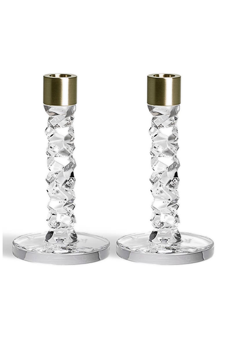 Carat Set of 2 Small Crystal & Brass Candlesticks, Main, color, BRASS