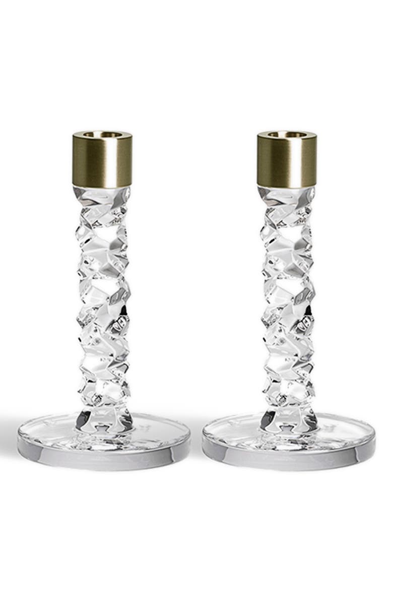 Orrefors Carat Set of 2 Small Crystal & Brass Candlesticks, Main, color, Brass