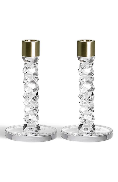 Carat Set of 2 Small Crystal & Brass Candlesticks