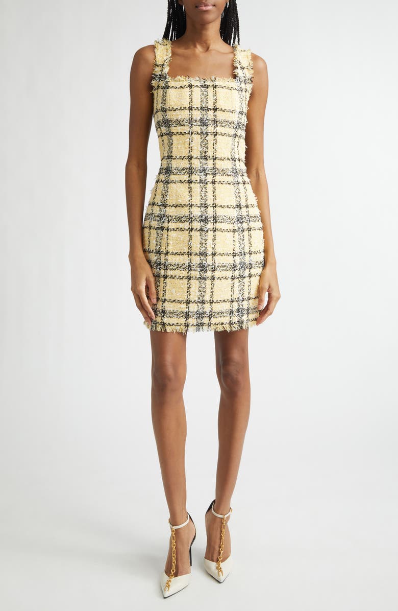 Balmain Check Glitter Tweed Minidress, Main, color, Yellow