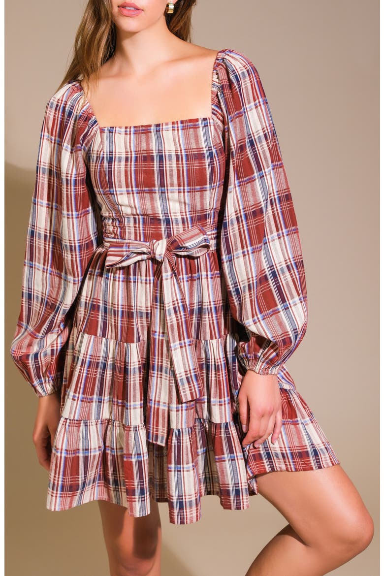 Plaid Long Sleeve Dress, Alternate, color, BURGUNDY