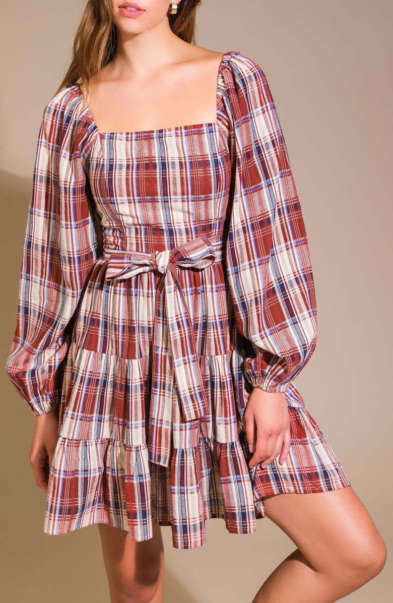 FLYING TOMATO Plaid Long Sleeve Dress, Alternate, color, Burgundy