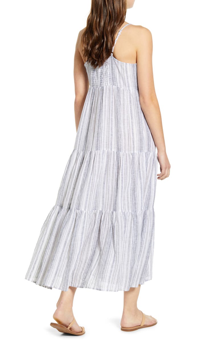 beachlunchlounge Lana Stripe Linen & Cotton Tiered Midi Sundress, Alternate, color,