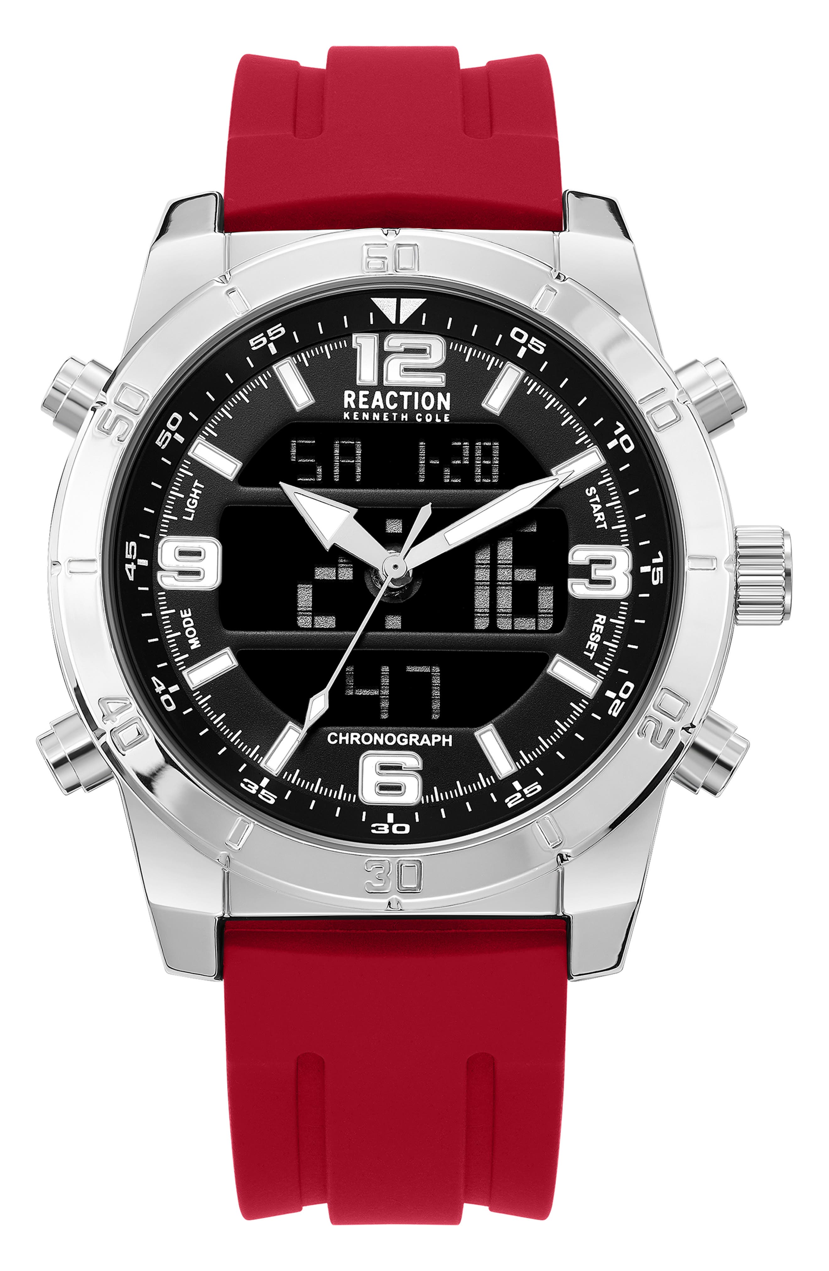 Kenneth Cole Reaction Ana-Digit Silicone Strap Watch, 48mm