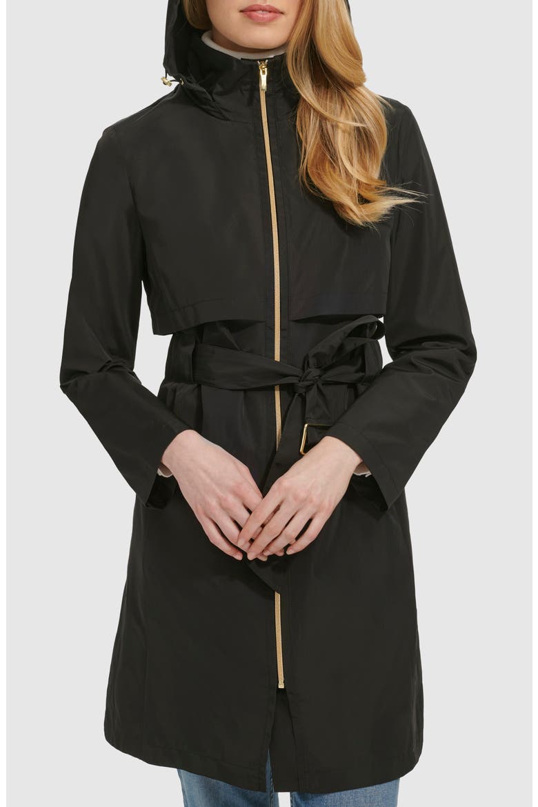 Belted Travel Packable Hooded Rain Jacket, Alternate, color, BLACK