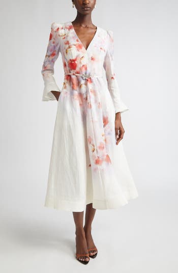 Zimmermann Floral Belted Linen Midi Dress | Nordstrom
