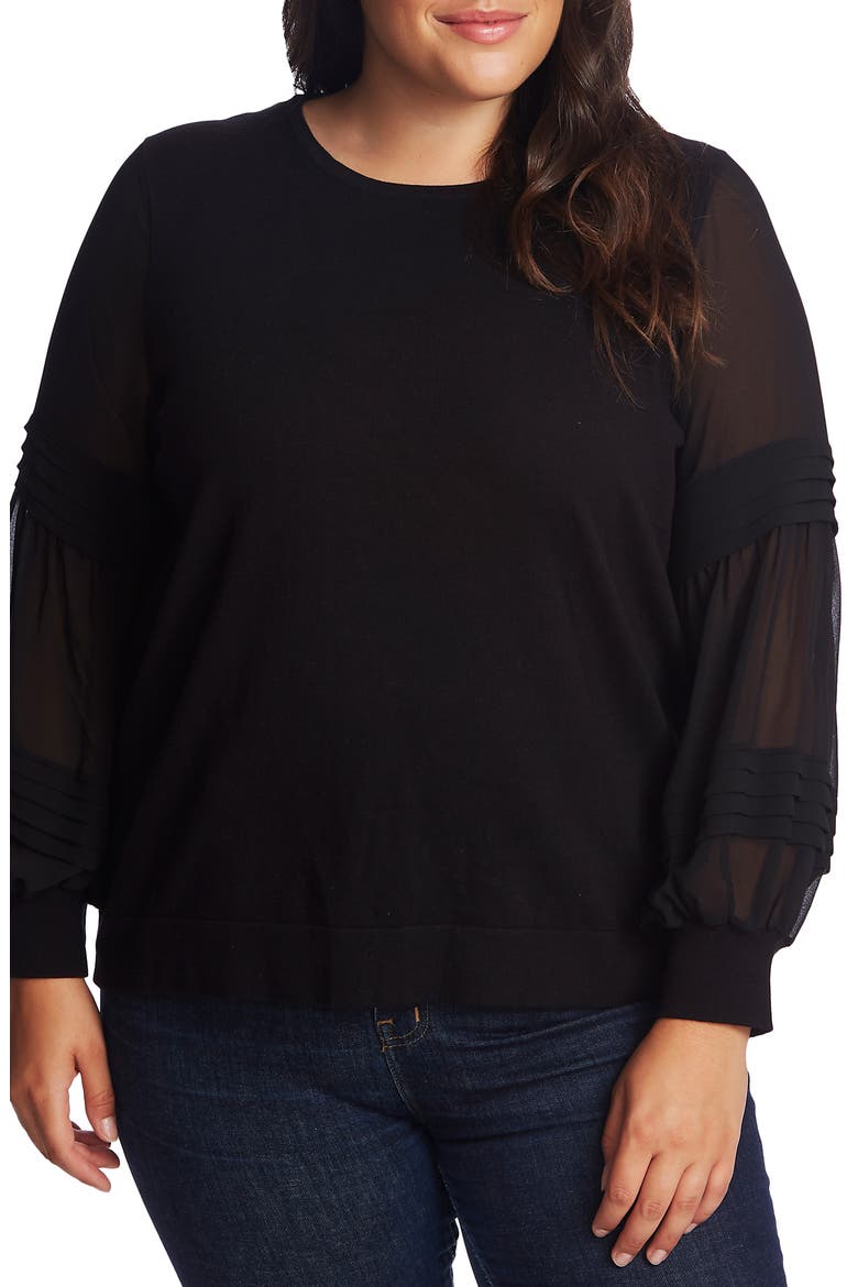 Mix Media Puff Sleeve Pullover, Main, color, RICH BLACK