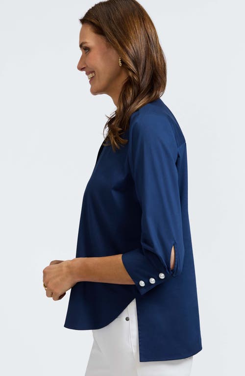 Foxcroft Pearl Three-quarter Sleeve Button-up Shirt In Navy