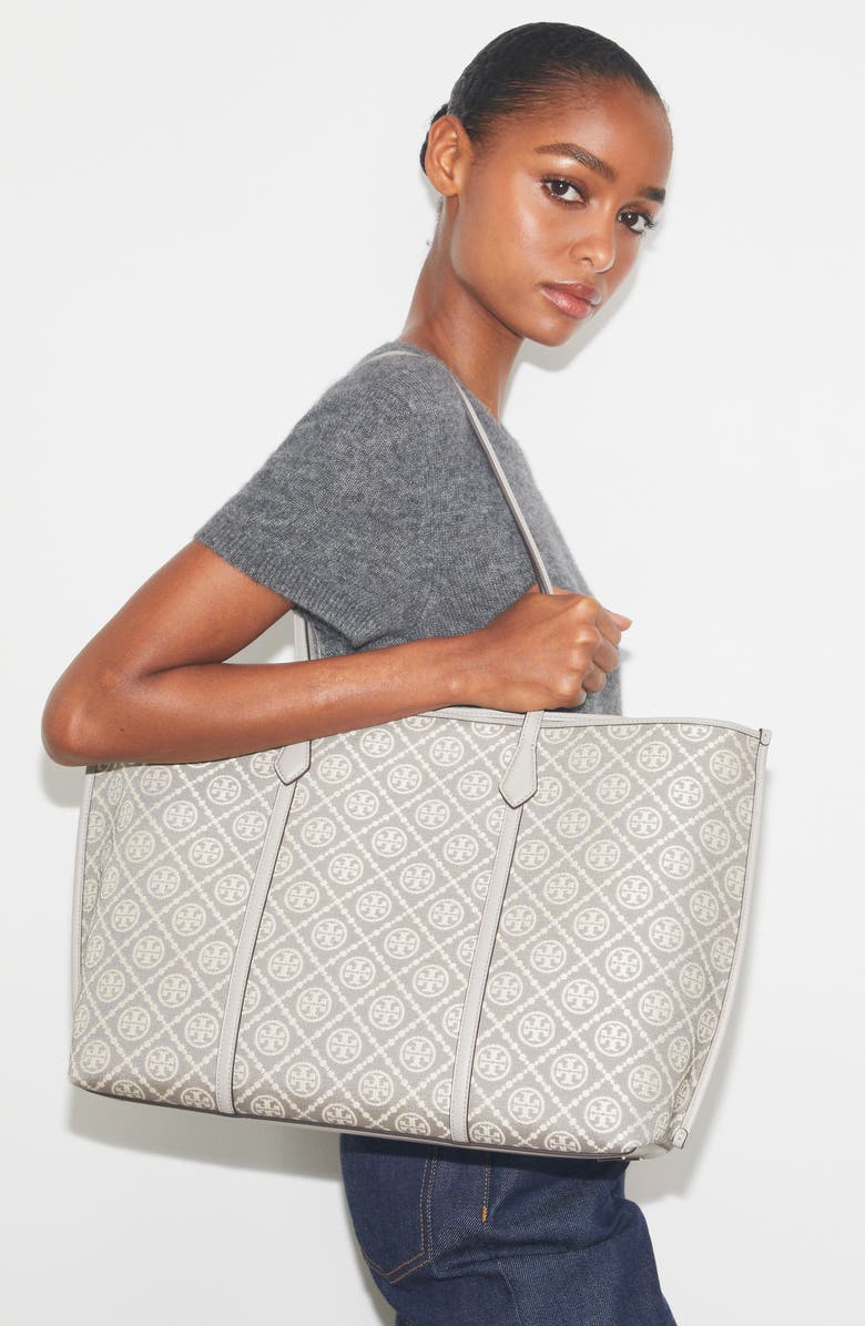 Tory Burch Perry T Monogram Jacquard Triple Compartment Tote, Alternate, color, Gray
