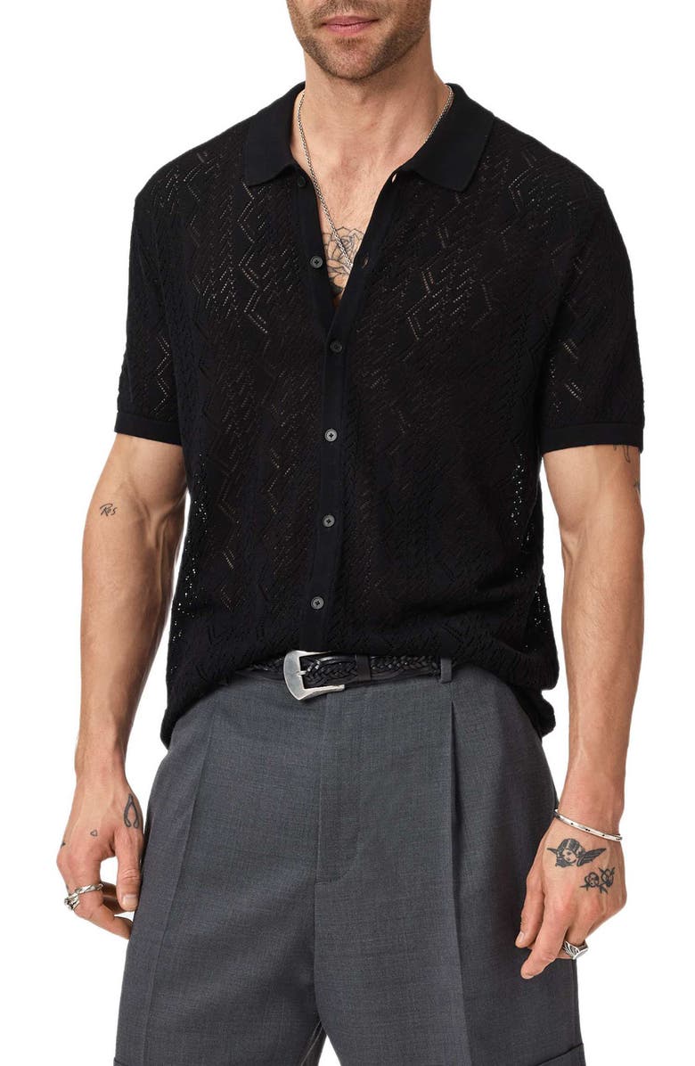 John Varvatos Emil Pointelle Short Sleeve Caridgan, Main, color, Black