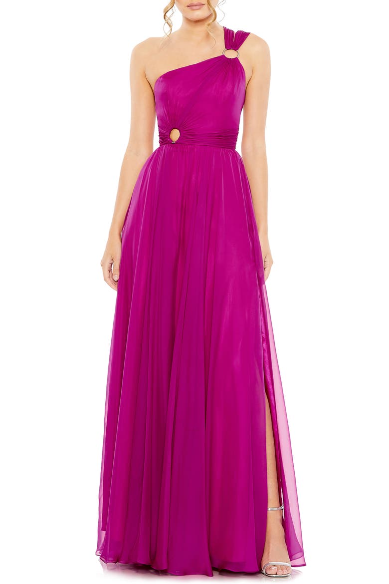Stappy One-Shoulder A-Line Gown, Main, color, MAGENTA